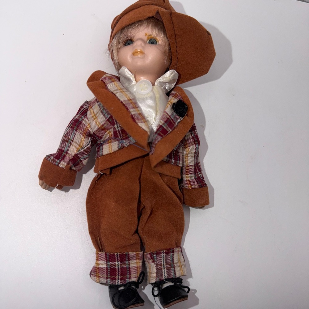 Vintage 8" Porcelain Boy Doll Plaid Suit Newsboy Cap Fall Aesthetic
